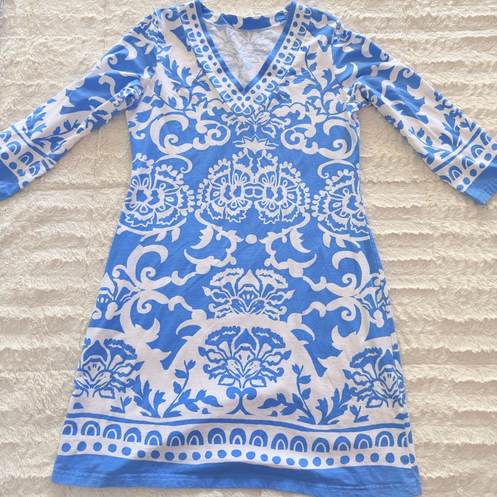 Blue & White Damask Shift Dress | Resort Coastal Style